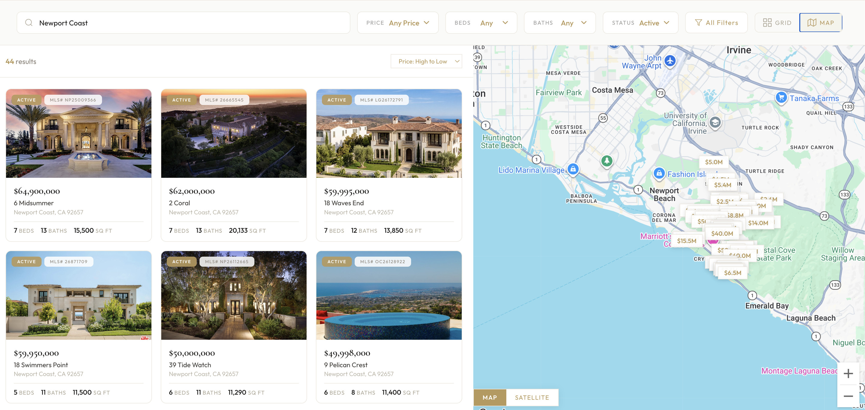 Custom IDX map search with listing cards beside an interactive OC map, restyled to the site palette