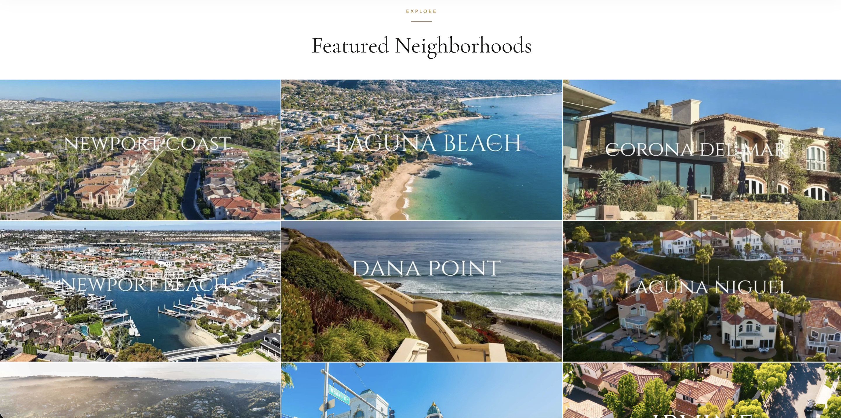Custom Featured Neighborhoods page covering Newport Coast, Laguna Beach, Corona del Mar, and nearby markets